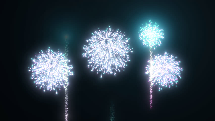 Fireworks on transparent background. Animated backgrounds for fireworks. Beautiful explosion of fireworks. 4k animation of festive background with shining beams and fire particles.