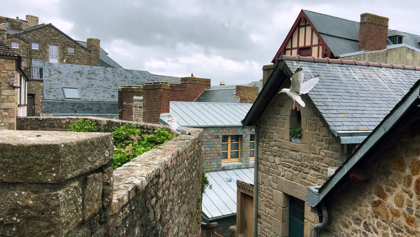 View from the walls of Mont Saint Michel Abbey to the island's ancient stone houses, rooftops and seagulls on a cloudy spring day, Normandy, France.