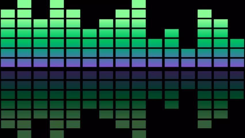 The animation displays a vibrant audio equalizer with green and purple bars pulsating rhythmically against a dark background