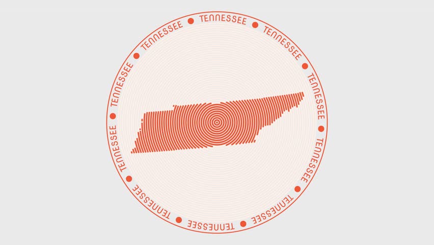 Tennessee shape with dynamic circles visual effect. Animation of Tennessee logo appearing from rotating rings and State name around the shape. Intro, opening, closing, logo video.