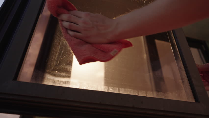Low-angle view of cleaning service employee spraying window cleaner and using microfiber towel to wipe dirty window on background of sunlight, cleaning and maintaining fresh hygienic environment.