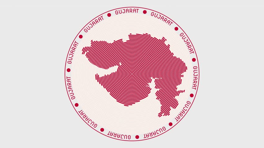 Gujarat shape with dynamic circles visual effect. Animation of Gujarat logo appearing from rotating rings and state name around the shape. Intro, opening, closing, logo video.