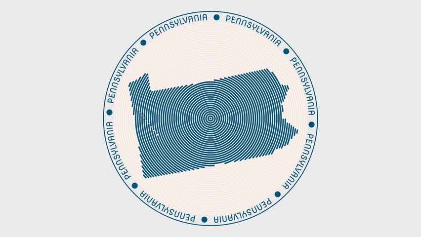 Pennsylvania shape with dynamic circles visual effect. Animation of Pennsylvania logo appearing from rotating rings and State name around the shape. Intro, opening, closing, logo video.
