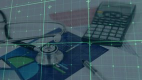 At start green grid scanning chart with stethoscope and calculator to visualize financial data flow. Analytics, diagnostics, technology, data visualization, finance, professional, digital - Powered by Shutterstock - Get 15% off with code: PIKWIZARD15