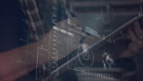 Senior male executive tapping and swiping tablet in tech lab animating radar and world map overlays. Technology, data visualization, interactive, innovation, digital interface, analytics, futurism - Powered by Shutterstock - Get 15% off with code: PIKWIZARD15