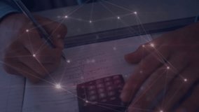 Glowing network pulsing initiating hands writing numbers and using calculator for calculations. Technology, finance, innovation, data, analytics, corporate, digital - Powered by Shutterstock - Get 15% off with code: PIKWIZARD15