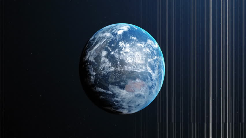 On start Earth rotating smoothly with glitch-style scan lines fluctuating for orbital visualization. Planet, technology, animation, digital, futuristic, space, visualization
