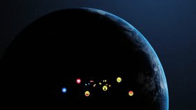 Dots emerging at terminator forming emoji cluster drifting across rotating Earth for social media. Cosmos, communication, digital, innovative, futuristic, expression, connectivity - Powered by Shutterstock - Get 15% off with code: PIKWIZARD15