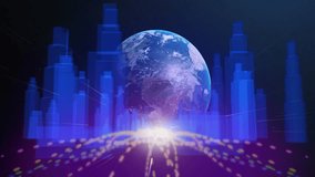 Starry backdrop starting yellow lights streaming inward grid globe rising rotating visualizing data. Futuristic, digital, cyber, abstract, technological, vibrant, innovation - Powered by Shutterstock - Get 15% off with code: PIKWIZARD15