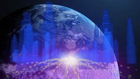 Globe rotating with pulsing bars triggered by horizon glow and currency icons visualizing markets. Global, finance, technology, futuristic, data, connectivity, innovation - Powered by Shutterstock - Get 15% off with code: PIKWIZARD15