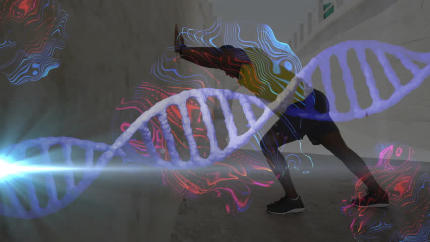 Stepping backward into push distance trainer pressing wall and activating DNA helix for fitness. Fitness, exercise, strength, digital art, energy, healthy lifestyle, urban gym - Powered by Shutterstock - Get 15% off with code: PIKWIZARD15