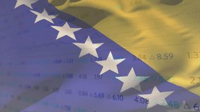 3D Bosnian flag emerging from left frame, wind folding rippling cloth while market data updating. Patriotism, finance, technology, digital, animation, economy, data - Powered by Shutterstock - Get 15% off with code: PIKWIZARD15