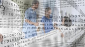 Pressing call button, care team referencing tablet and adjusting IV under binary overlay monitoring. Healthcare, medical, technology, hospital, professional, patient care, digital - Powered by Shutterstock - Get 15% off with code: PIKWIZARD15