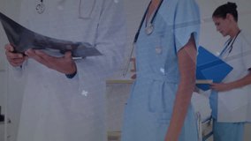 Doctor holding x-ray collaborating with nurse while digital circuit overlay intensifying diagnosis. Medical, healthcare, technology, professional, diagnosis, collaboration, innovation - Powered by Shutterstock - Get 15% off with code: PIKWIZARD15