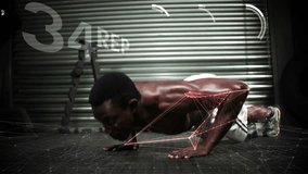 Fitness enthusiast pressing hands on gym floor grid, activating animated bars tracking push-ups. Strength, endurance, biometric, technology, workout, training, dynamic - Powered by Shutterstock - Get 15% off with code: PIKWIZARD15