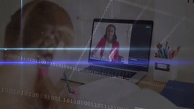 Girl joining online class taking notes on laptop, classmate on call raising hand with binary code. Educational, remote, technology, communication, creativity, concentration, modern - Powered by Shutterstock - Get 15% off with code: PIKWIZARD15