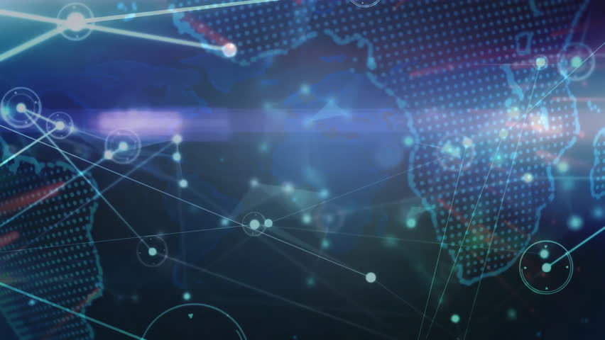 Light flare sweeping triggers globe rotating pulsing nodes streaming lines visualizing data flow. Technology, connectivity, digital, network, globalization, innovation, cyber