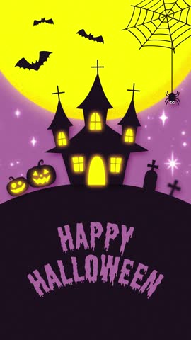 cute halloween night background with pumpkins, castle, moon, bats and spider animation