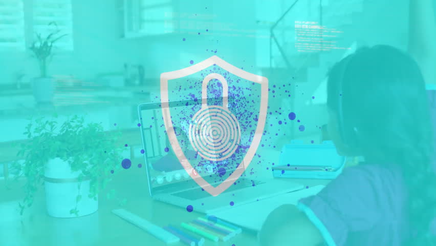 Girl using laptop, generating fingerprint-shield network using blue particles in cybersecurity. Technology, innovation, connectivity, digital, security, education, futuristic - Powered by Shutterstock - Get 15% off with code: PIKWIZARD15