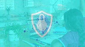 Girl using laptop, generating fingerprint-shield network using blue particles in cybersecurity. Technology, innovation, connectivity, digital, security, education, futuristic - Powered by Shutterstock - Get 15% off with code: PIKWIZARD15