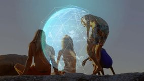 friends on cliff viewing ocean sunset viewing tech globe materializing network lines scrolling code. Collaboration, innovation, futurism, technology, adventure, connection, landscape - Powered by Shutterstock - Get 15% off with code: PIKWIZARD15