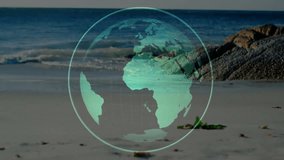 At start globe overlay spinning over beach, woman passing front with smartphone using travel map. Globes, coastal, travel, adventure, exploration, wanderlust, scenery - Powered by Shutterstock - Get 15% off with code: PIKWIZARD15