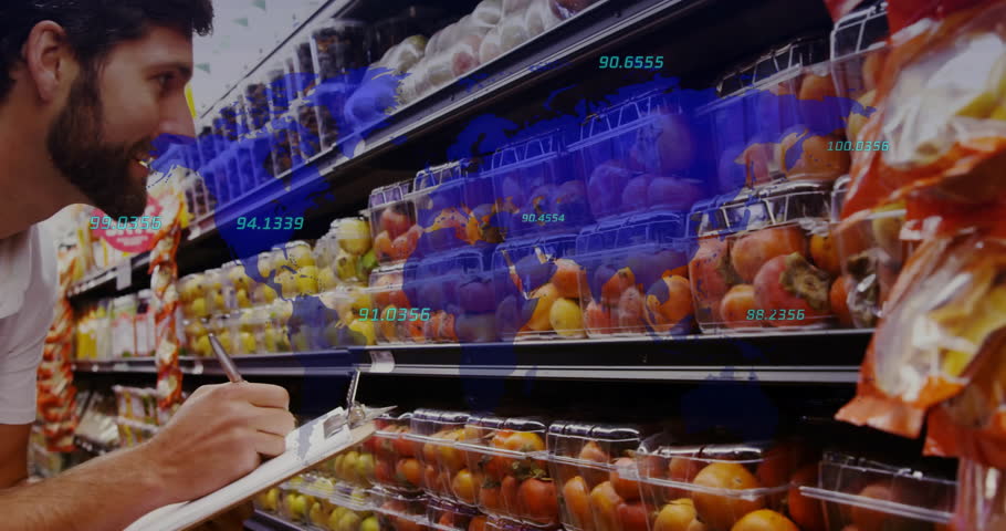 store employee approaching aisle and inspecting fruit under heatmap overlays for stock analysis. Retail, technology, analytics, inventory, quality, visualisation, merchandising