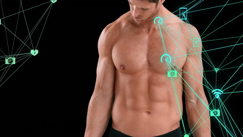 Fitness athlete initiating bicep curls with weights activating glowing icons on chest for tracking. Strength, digital, futuristic, technology, vitality, training, cyber