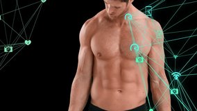 Fitness athlete initiating bicep curls with weights activating glowing icons on chest for tracking. Strength, digital, futuristic, technology, vitality, training, cyber - Powered by Shutterstock - Get 15% off with code: PIKWIZARD15