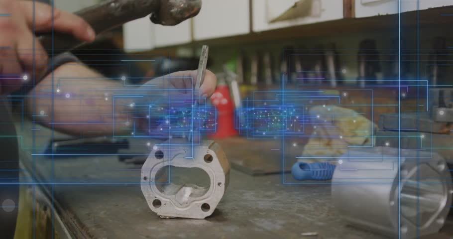 Manufacturing overlay appearing and guiding machinist driving pin into housing with hammer striking. Technology, industrial, engineering, digital, precision, toolkit, craftsmanship