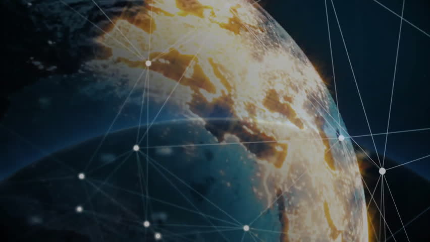 Beginning globe rotating toward Asia, data icons emerging and HUD panels mapping network connection. Technology, connectivity, data, futuristic, cyberspace, digital, innovation