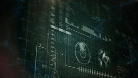 Interface fading in triggers code streaming, gauge rotating, globe pulsing to show live data flow. Holography, cyberspace, data visualization, futuristic, digital, technology, innovation - Powered by Shutterstock - Get 15% off with code: PIKWIZARD15