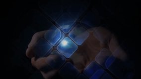 Right hand emerging into void initiating holographic grid forming rotating globe for interface demo. Futuristic, digital, abstract, technology, innovation, immersive, virtual - Powered by Shutterstock - Get 15% off with code: PIKWIZARD15