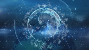 Glow initiating holographic Earth forming and rotating with icons pulsing for visualizing network. Futuristic, digital, technology, network, connectivity, visualization, abstract - Powered by Shutterstock - Get 15% off with code: PIKWIZARD15