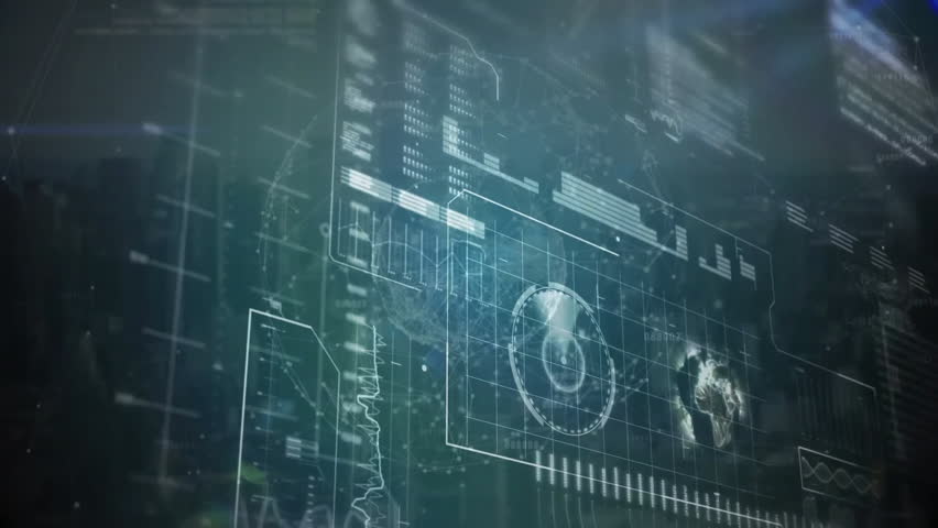 Dark grid showing data lines starting interface spinning rings and glowing map visualizing data. Futuristic, technology, analytics, digital, interface, data visualization, immersive