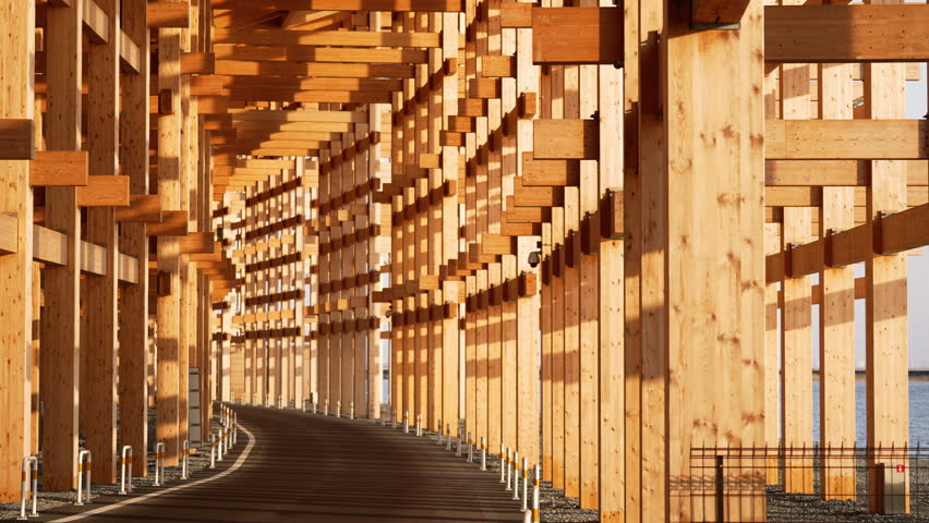 Wooden structure of the Grand Ring at Expo 2025 Osaka, Kansai, Japan.