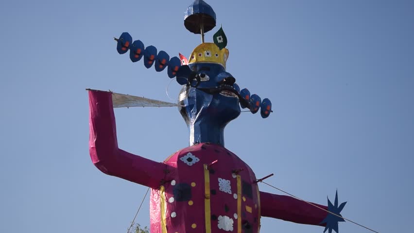 Ravnans being ignited during Dussehra festival at ramleela ground in Delhi, India, Big statue of Ravana to get fire during the Fair of Dussera to celebrate the victory of truth by Lord Rama