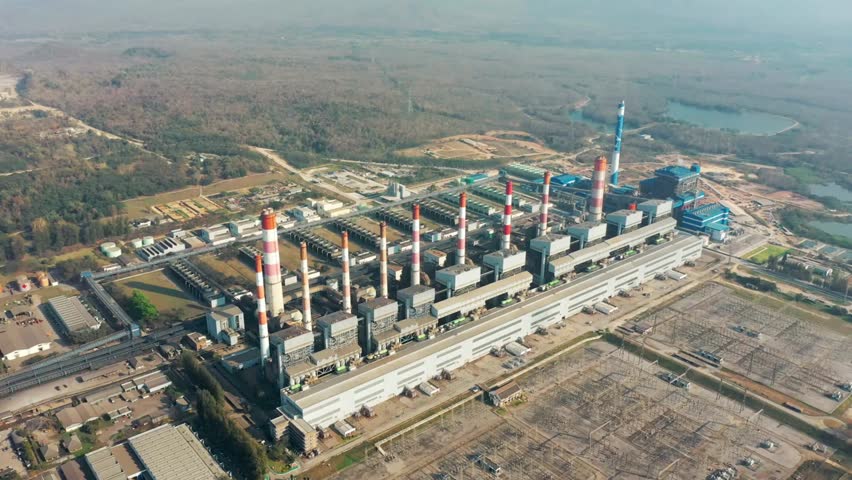 Aerial view shows a coalfired power plant generating electricity