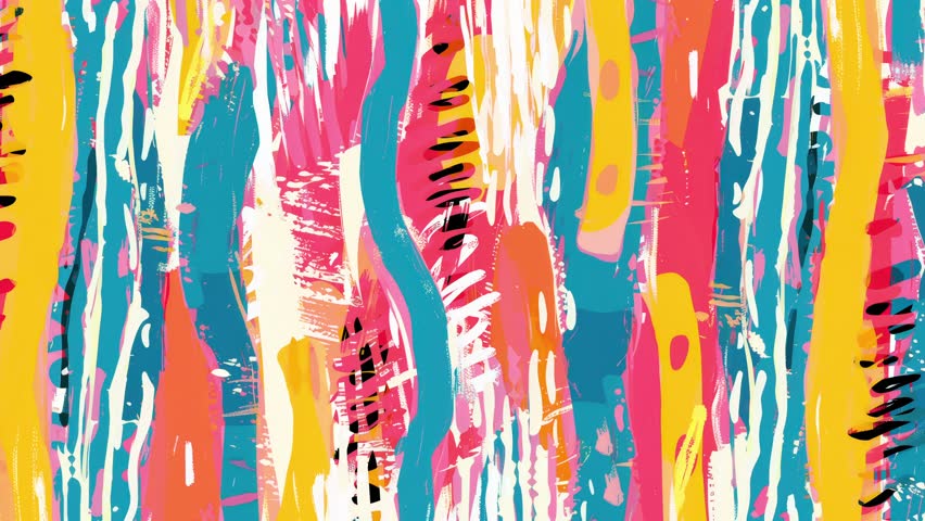 Messy and expressive animation with hand-drawn brush strokes and energetic pop colors. Great for digital art, motion backgrounds, and VJ visuals.
