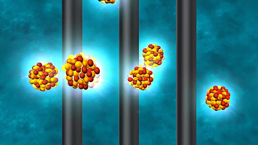 Controlled chain reaction 3D animation showing nuclear fission process in a reactor with safety measures.
