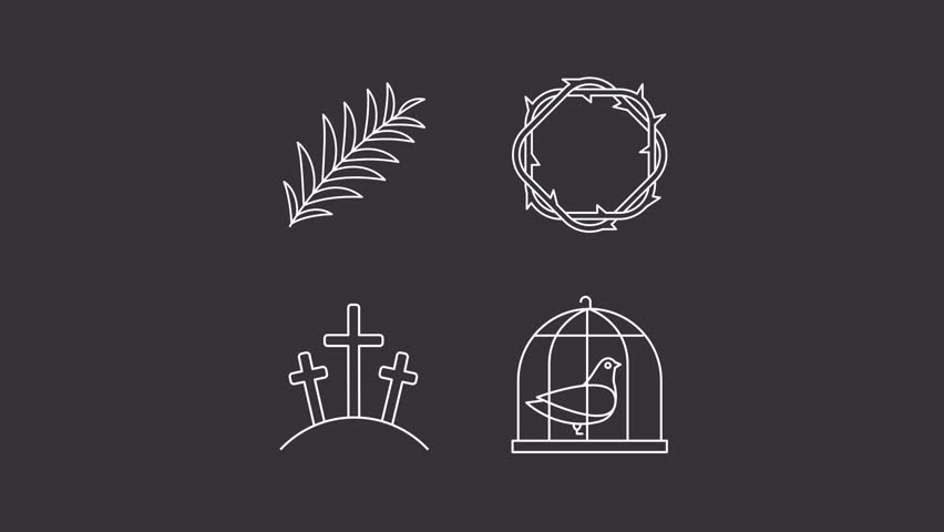Animated traditional bible narratives white line icons. Christianity religion stories animation set. Learning testament. Religious worship. Isolated elements on dark background. Alpha channel HD video