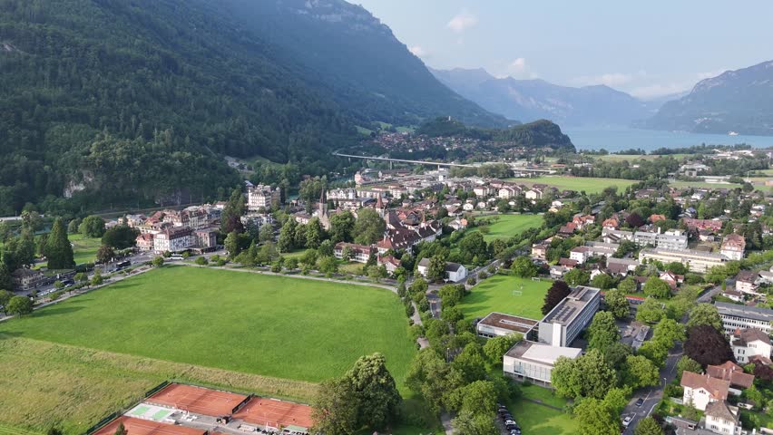 Interlaken green fields Jungfrau region Switzerland drone,aerial