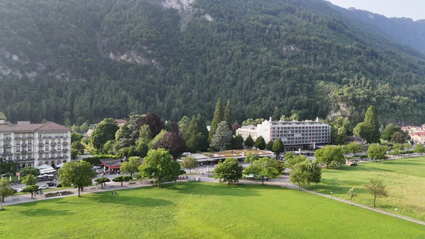 Interlaken Jungfrau region Switzerland Panning drone aerial