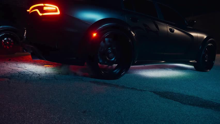 Tunning car with flashing lights rapidly drifting on the road. Rising clouds of dust