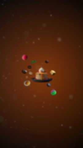 Colorful pancakes with cream Animation intro for advertising or marketing on dark orange background for restaurants with the ingredients of the dessert flying in the air - vertical add price or sale