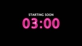 Starting soon glowing neon Digital countdown clock timer in 3 minute to zero second. neon text number on isolated black background. Element for overlay concept. 4K footage motion video - Powered by Shutterstock - Get 15% off with code: PIKWIZARD15