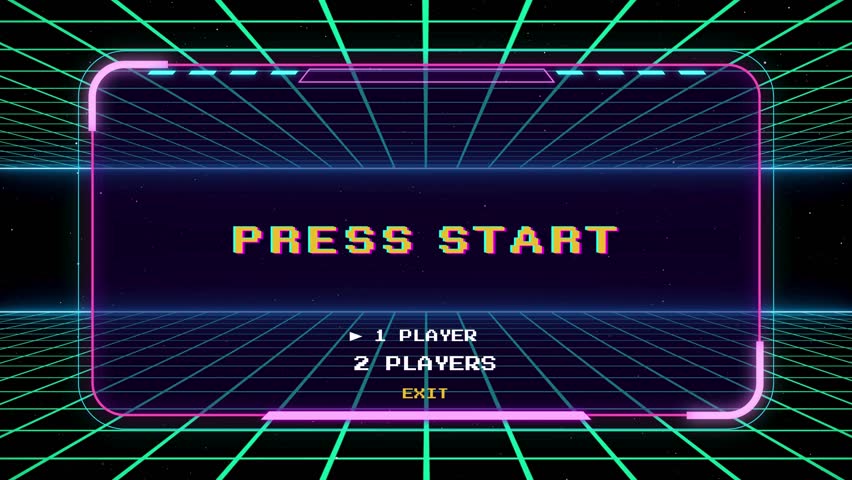 Start a new game by selecting a player or exiting the game's main menu With Retro style 80s video game background.