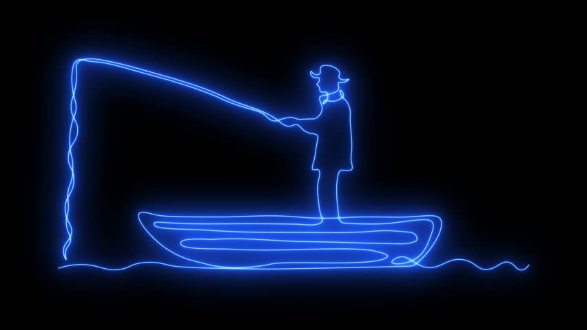 Abstract fisherman fishing with a fishing rod on a boat. Self drawing animation one continuous line draw, logo. Blazing  flame, energy, fire on black background. neon blue luminous sign