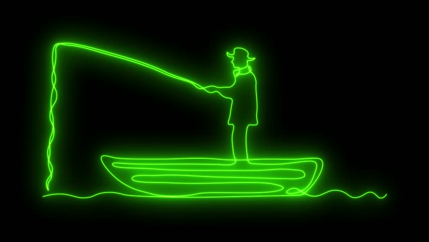 Abstract fisherman fishing with a fishing rod on a boat. Self drawing animation one continuous line draw, logo. Blazing  flame, energy, fire on black background. neon green luminous sign