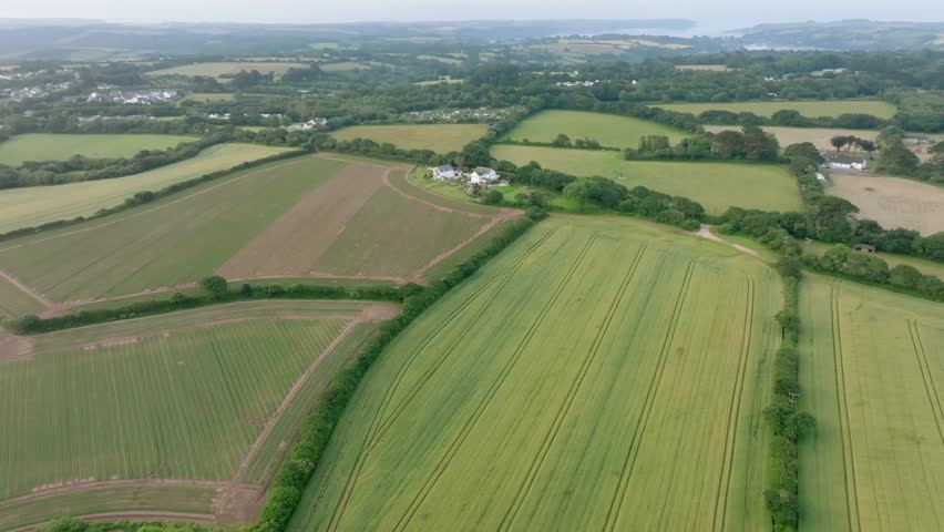Farmhouse with swimming pool amongst patchwork fields lined by hedgerows. Summer, Cornwall, UK.